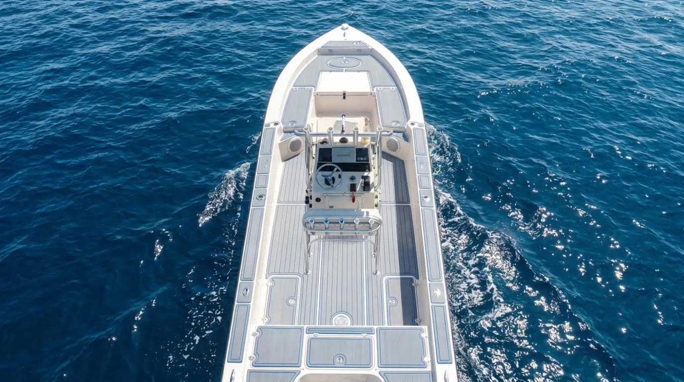 Aerial view of a center console with a full custom gray and blue EVA foam deck, underway