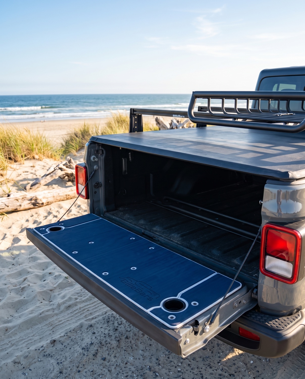 Custom navy foam pad on a Jeep Gladiator tailgate